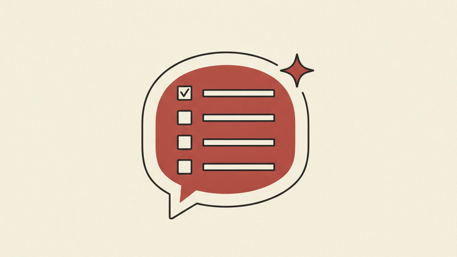 Illustration of a chat prompt bubble branching into eleven small labeled task icons, in an oxblood and cream editorial style