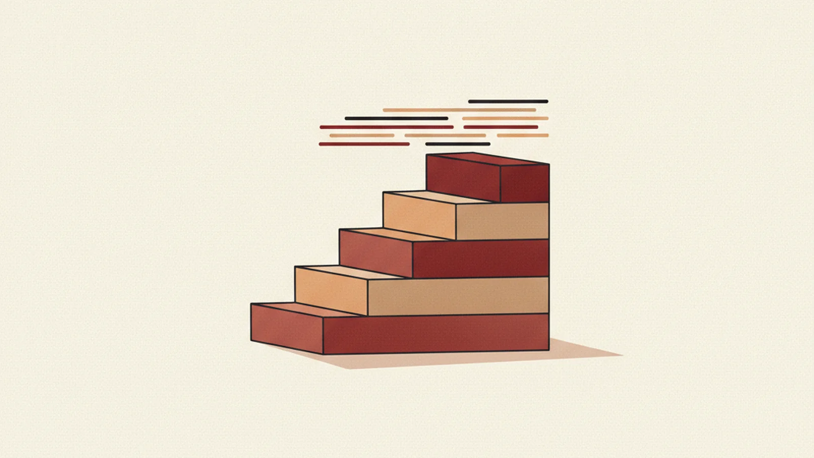 Illustration of eleven small labeled concept cards fanned out above a product roadmap timeline, in an oxblood and cream editorial style