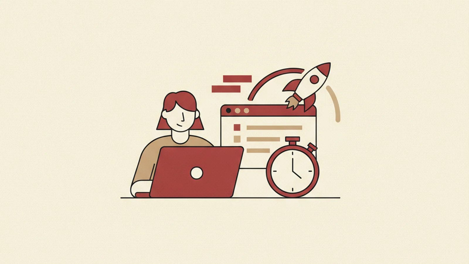 Oxblood and cream editorial illustration of a five-step checklist strip with small clock icons, styled like a pre-flight gate check.
