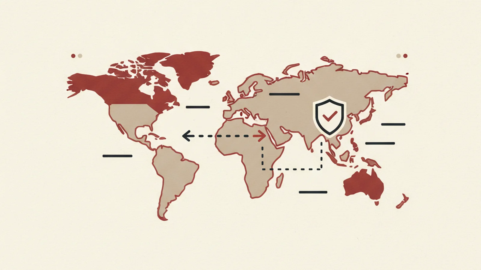 Oxblood and cream editorial illustration of a US map and EU map connected by a shipping route, in a flat brick-and-cream style