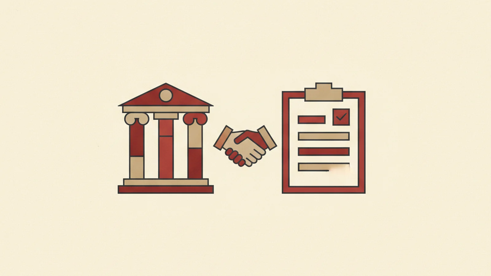 An oxblood and cream editorial illustration of a procurement folder stamped with a checklist, evoking a federal contract review.