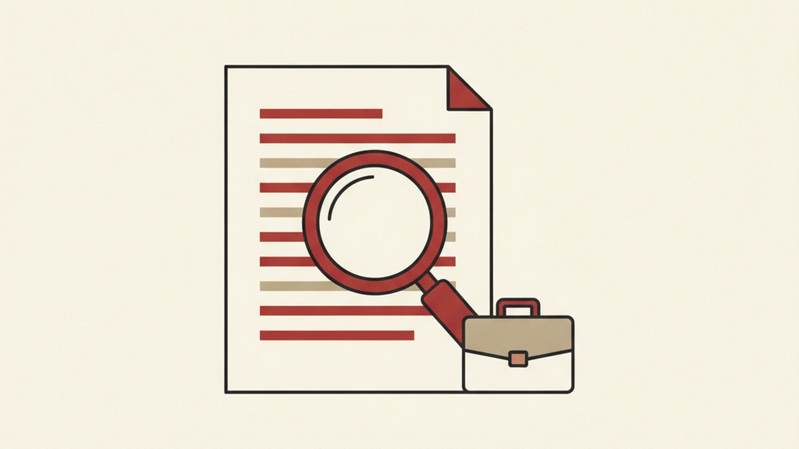 An oxblood and cream editorial illustration of a magnifying glass hovering over a checklist document on a boardroom table.