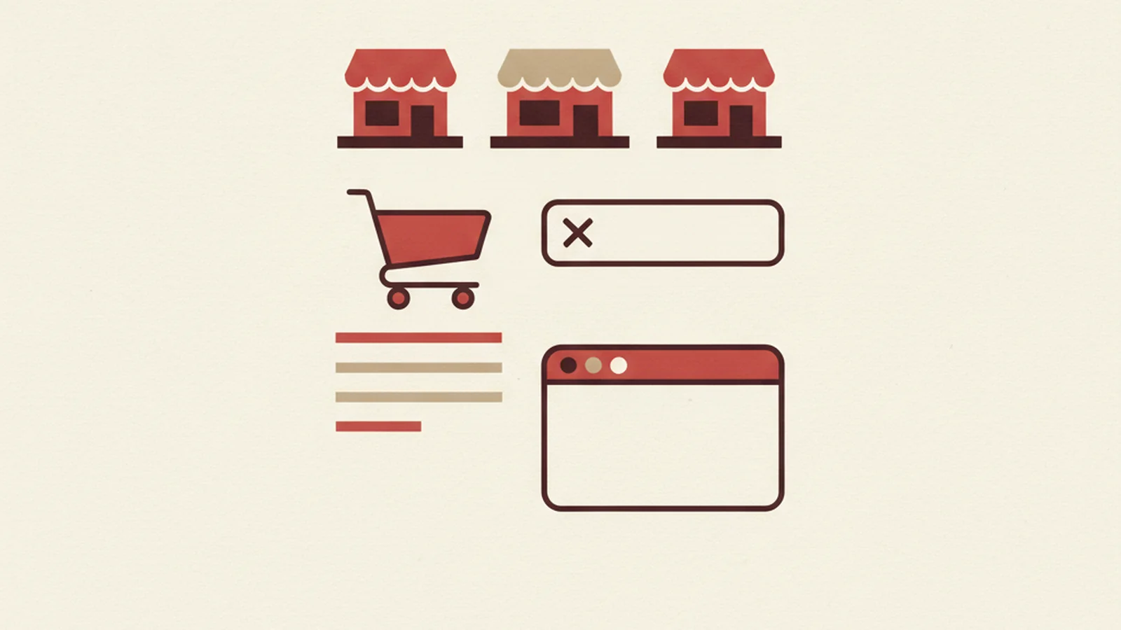 Oxblood and cream editorial illustration of a product page add to cart button with a magnifying glass hovering over it, in a warm hand drawn style