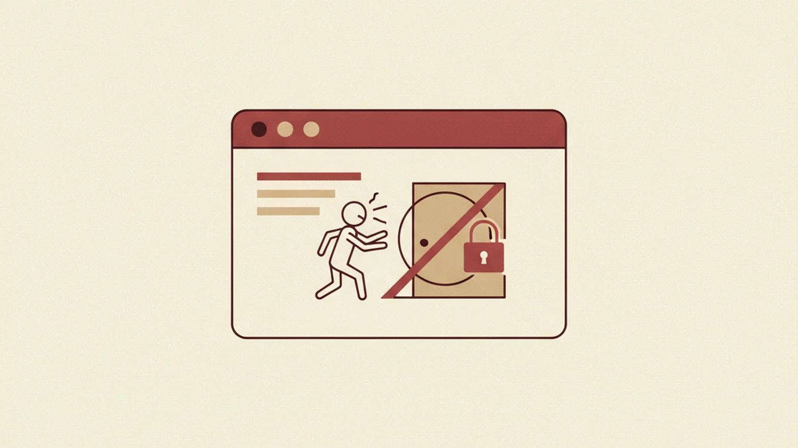 Illustration of six small warning-triangle icons arranged around a browser window, in an oxblood and cream editorial style