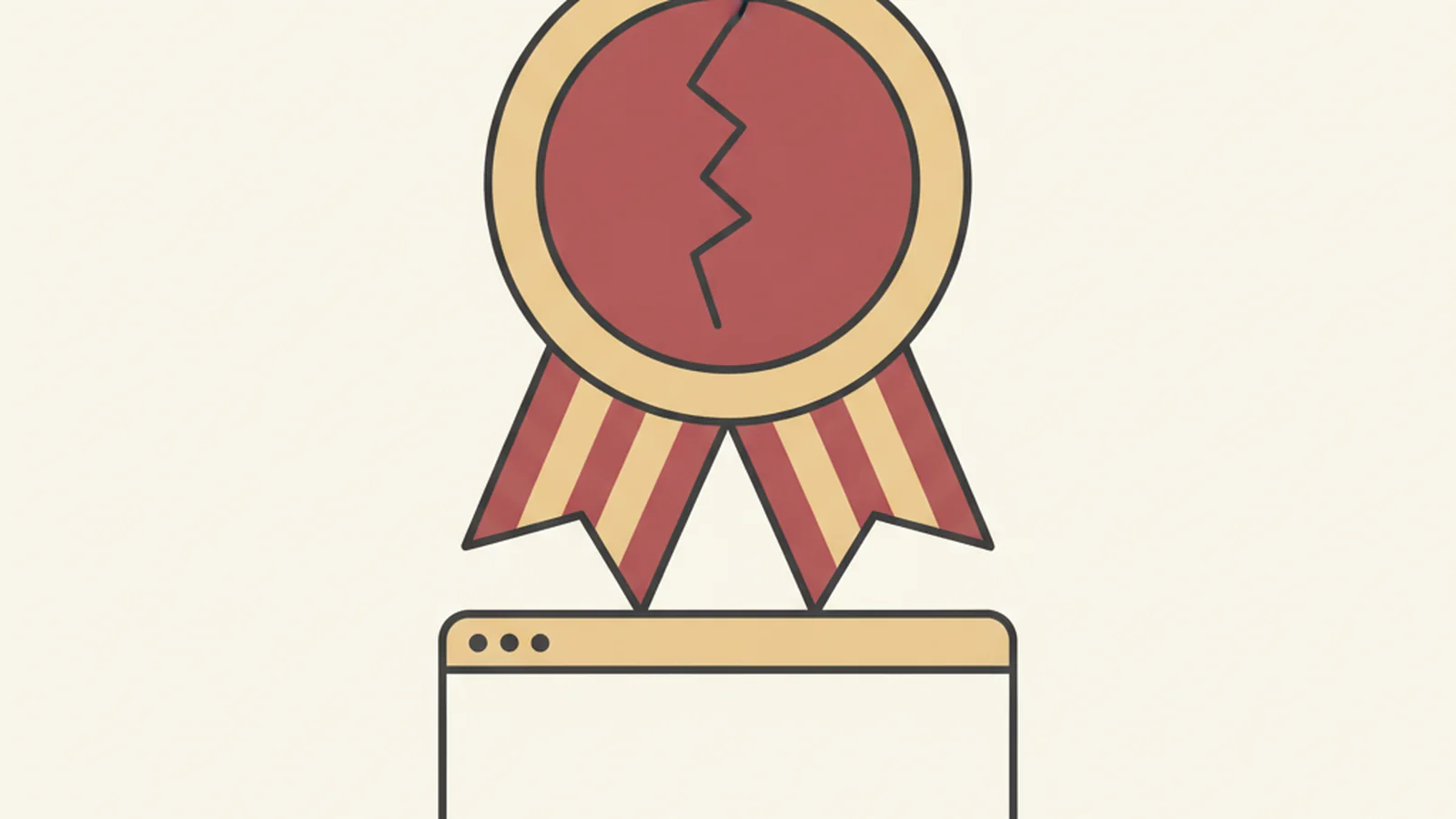 Illustration of a certification ribbon badge with a small crack running through it, sitting above a browser window, in an oxblood and cream editorial style