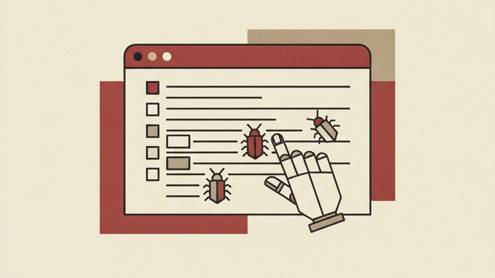 An oxblood and cream editorial illustration of a code editor window with a repeating pattern of small warning marks along the margin, rendered in a warm, hand-drawn style.