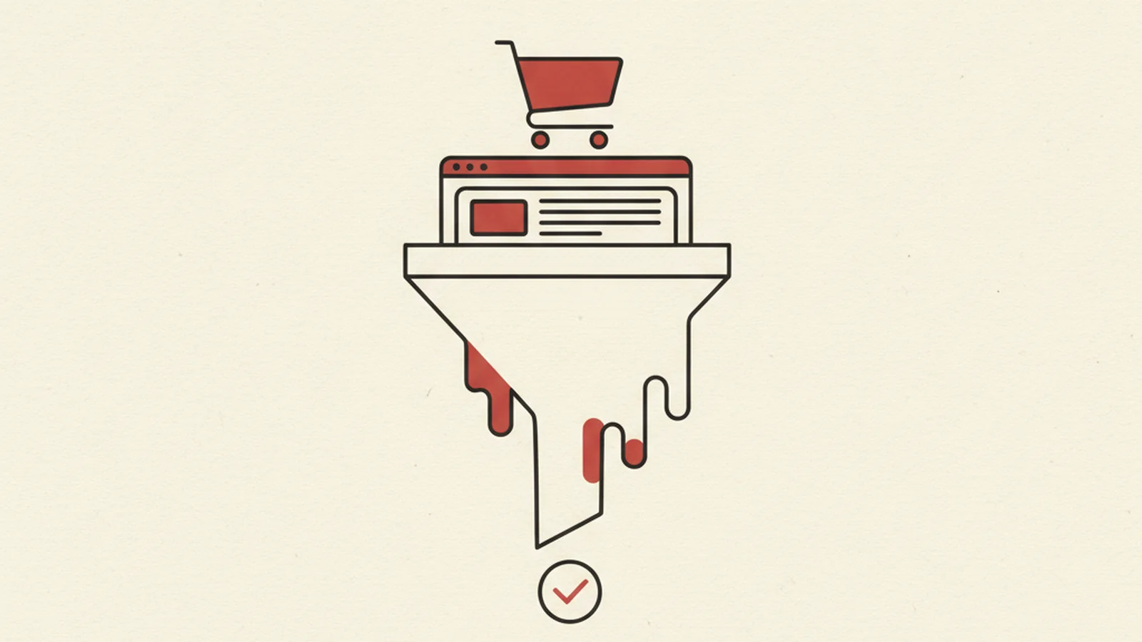 Editorial illustration in oxblood and cream of a shopping funnel, with a search bar, a product photo, and a cart icon each fading out before reaching a checkout door.