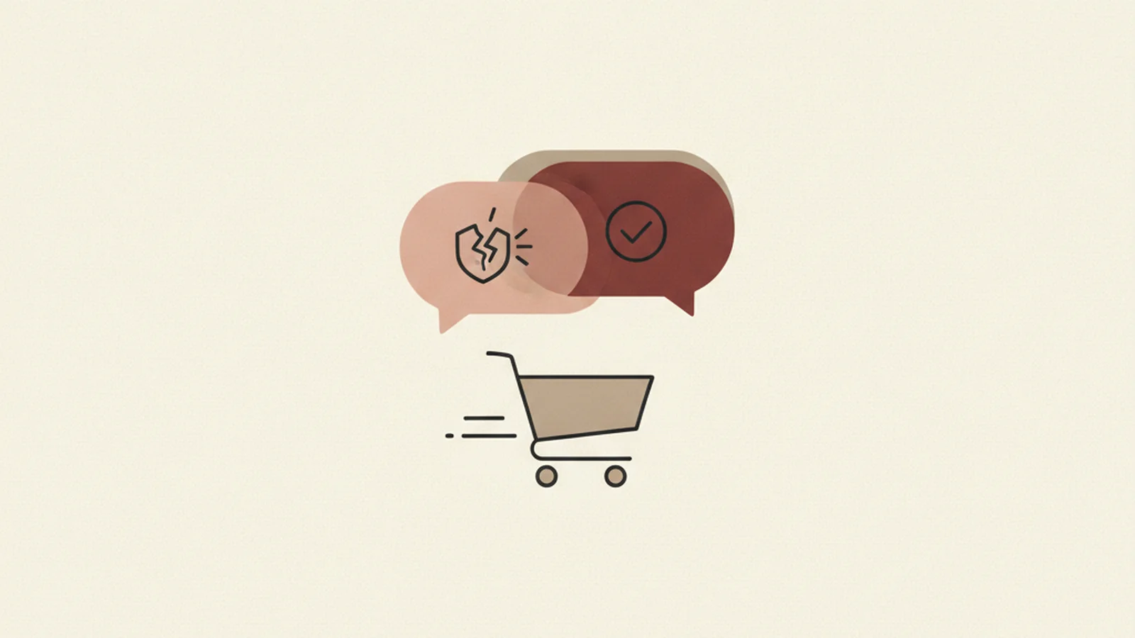 Illustration of two overlapping speech bubbles, one with a broken shield icon and one with a checkmark, above a shopping cart walking away, in an oxblood and cream editorial style