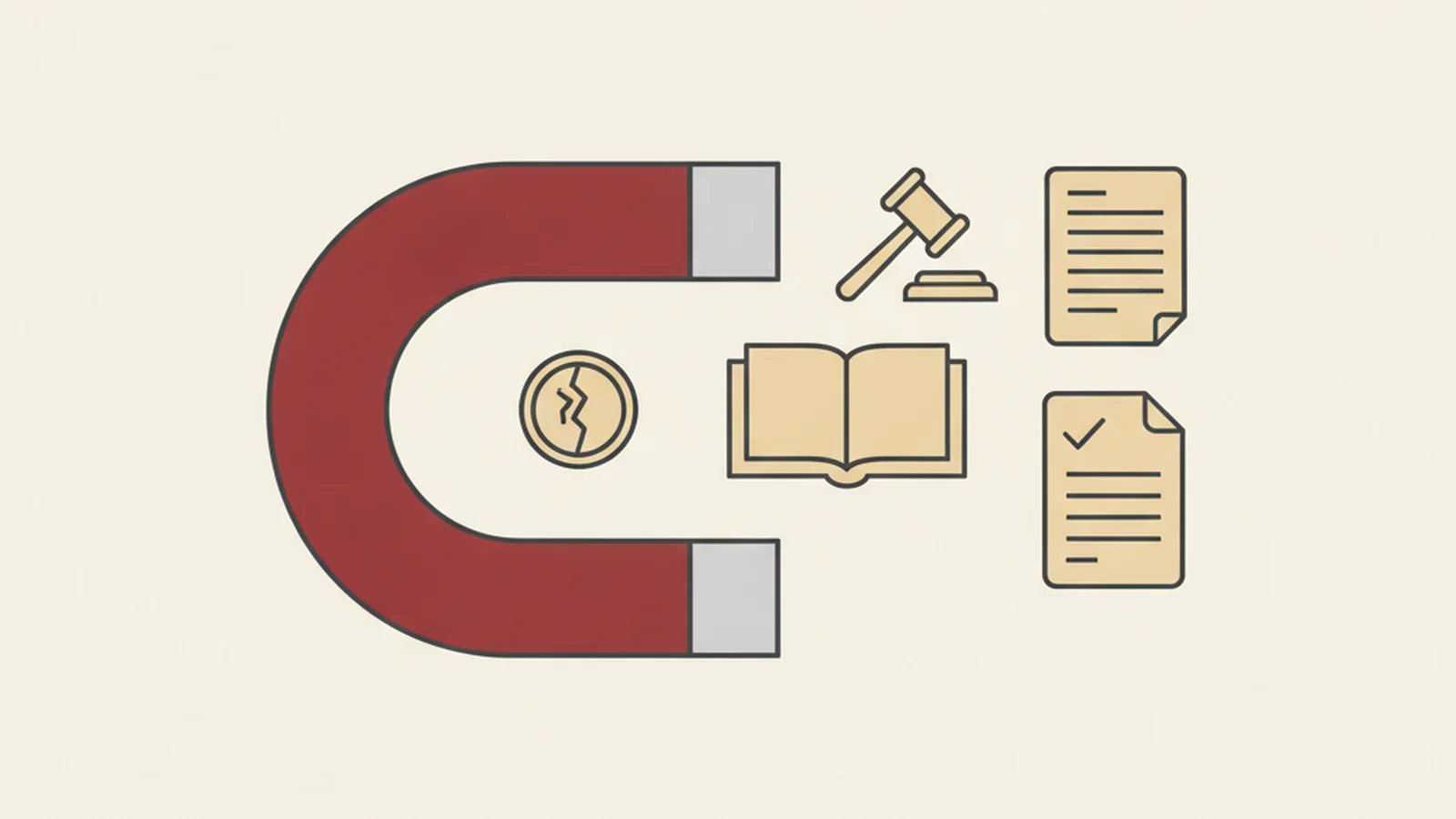 Illustration of a red horseshoe magnet pulling in a gavel and legal document icons, with a small cracked accessibility badge nearby