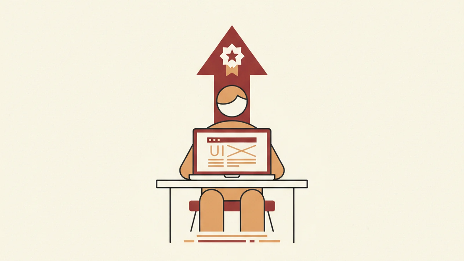 Illustration of a designer's hand holding a color swatch up against a UI mockup with a small ratio number glowing beside it, in an oxblood and cream editorial style