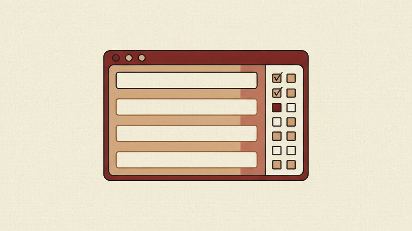 An oxblood and cream editorial illustration of a checklist clipboard beside a stylized web form, with checkmarks and form fields rendered in a warm, minimal line-art style.