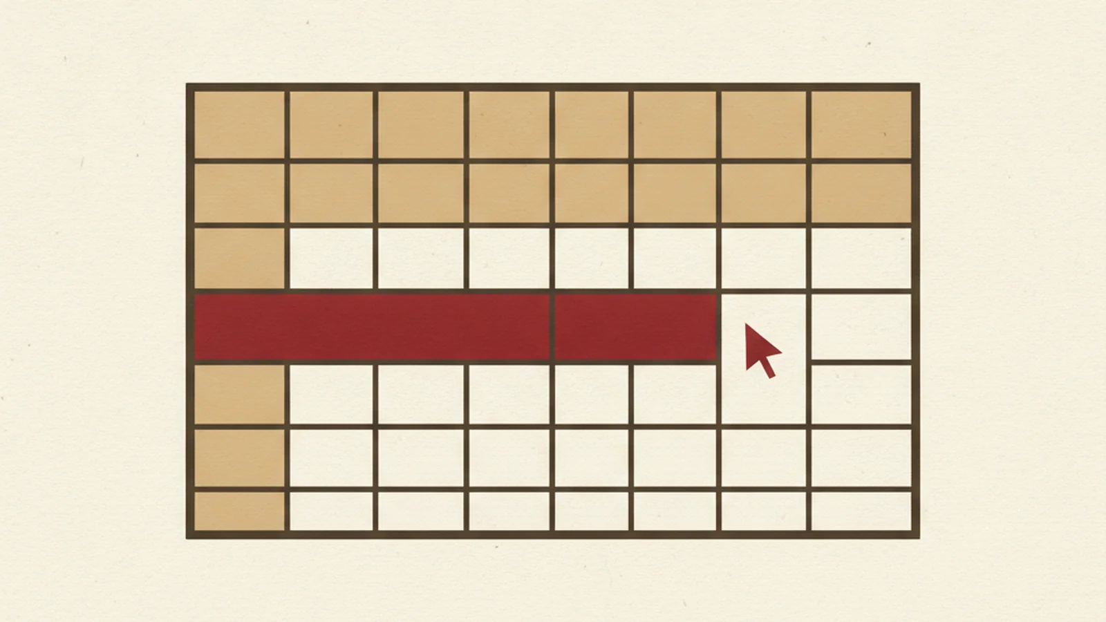 Illustration of a spreadsheet grid with one row of cells fused together and a screen-reader cursor icon losing its place beside it, in an oxblood and cream editorial style