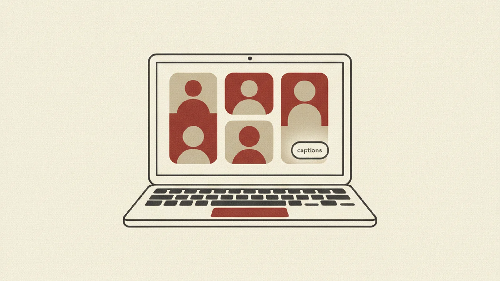 Illustration of a laptop showing a video-call grid of participant tiles with a captions badge glowing in the corner, in an oxblood and cream editorial style