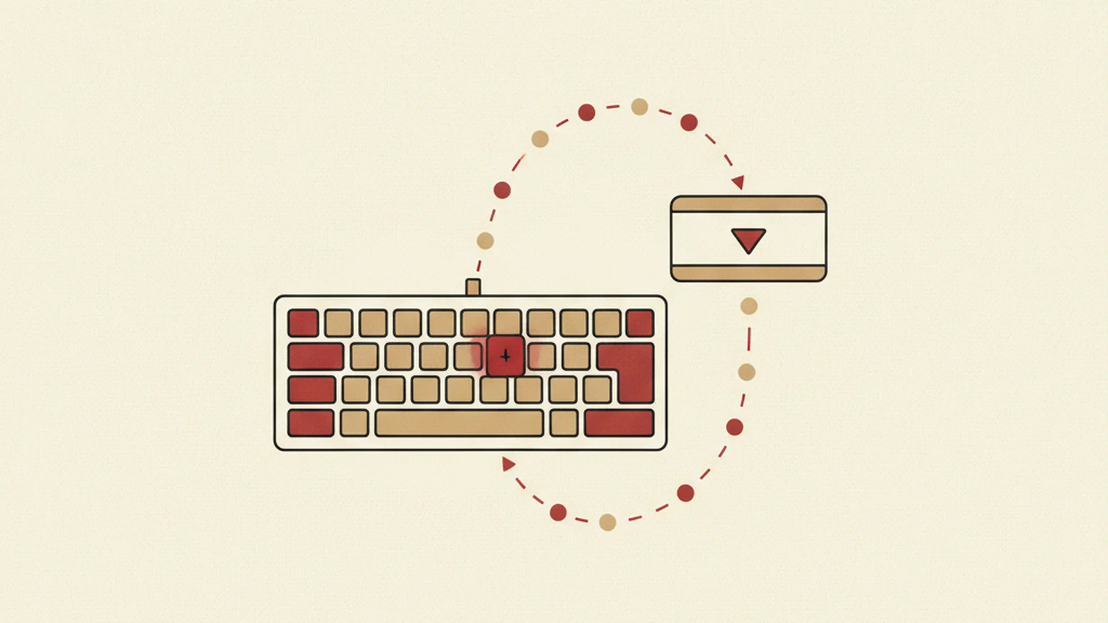 An oxblood and cream editorial illustration of a keyboard with glowing arrow keys pointing into a stylized dropdown menu component.