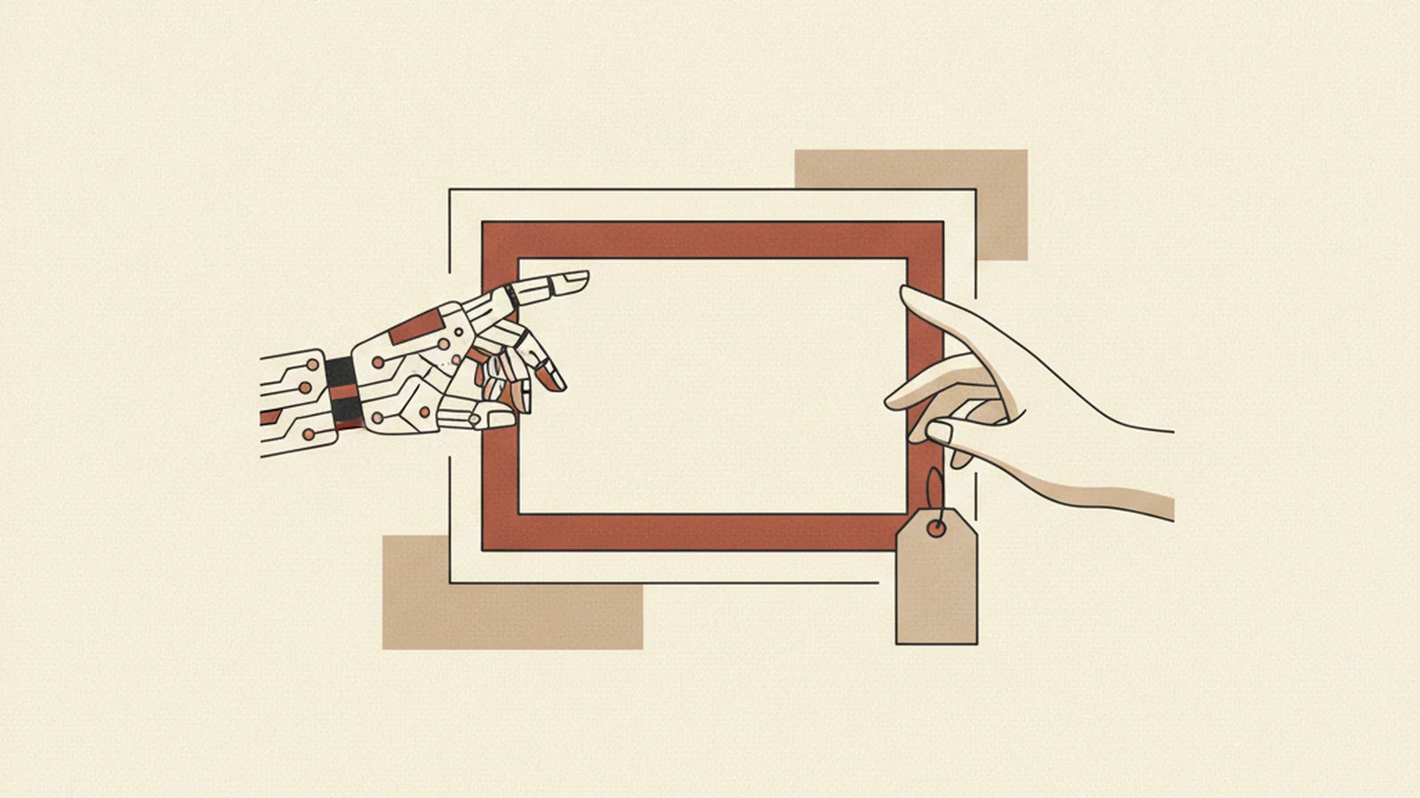 Illustration of a robotic hand and a human hand both reaching toward a picture frame with a tag attached, in an oxblood and cream editorial style
