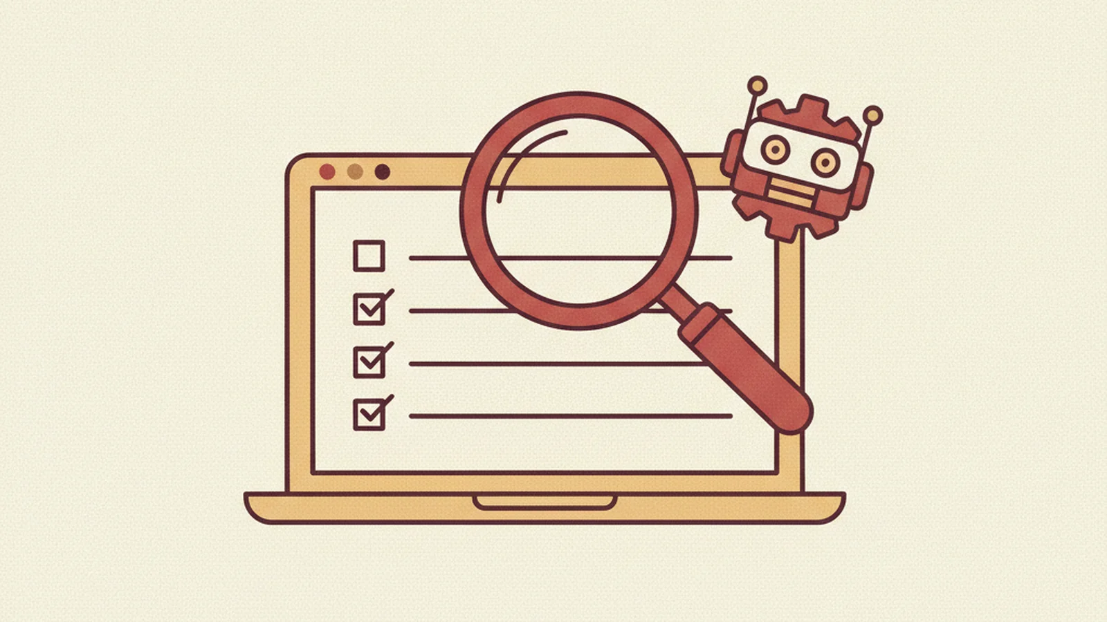 Oxblood and cream editorial illustration of a three-stage pipeline showing a magnifying glass, a robot assistant, and a person signing off a checklist.