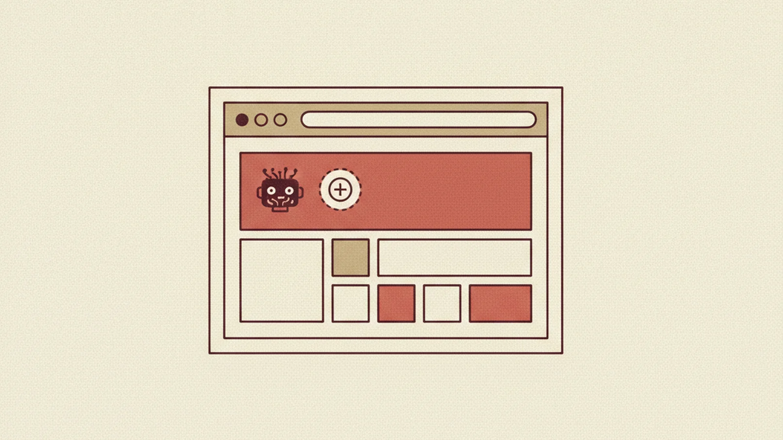 Oxblood and cream editorial illustration of a webpage outline with warning flags marking hidden structural gaps beneath a visually clean layout.
