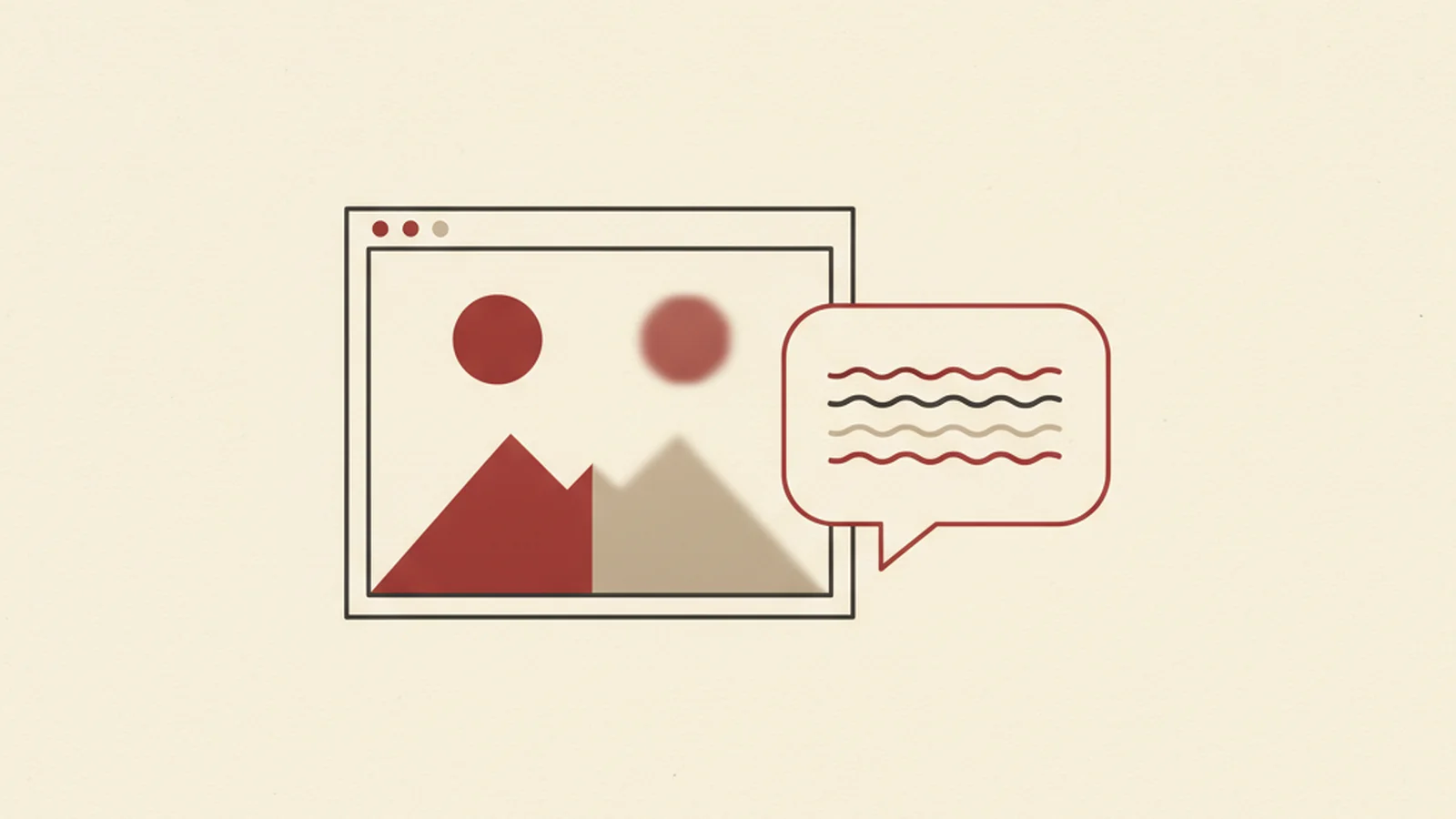 Oxblood and cream editorial illustration of a single eye split in two, one half rendered as sharp geometric shapes and the other as a soft blurred question mark, symbolizing where AI image description sees clearly and where it guesses.