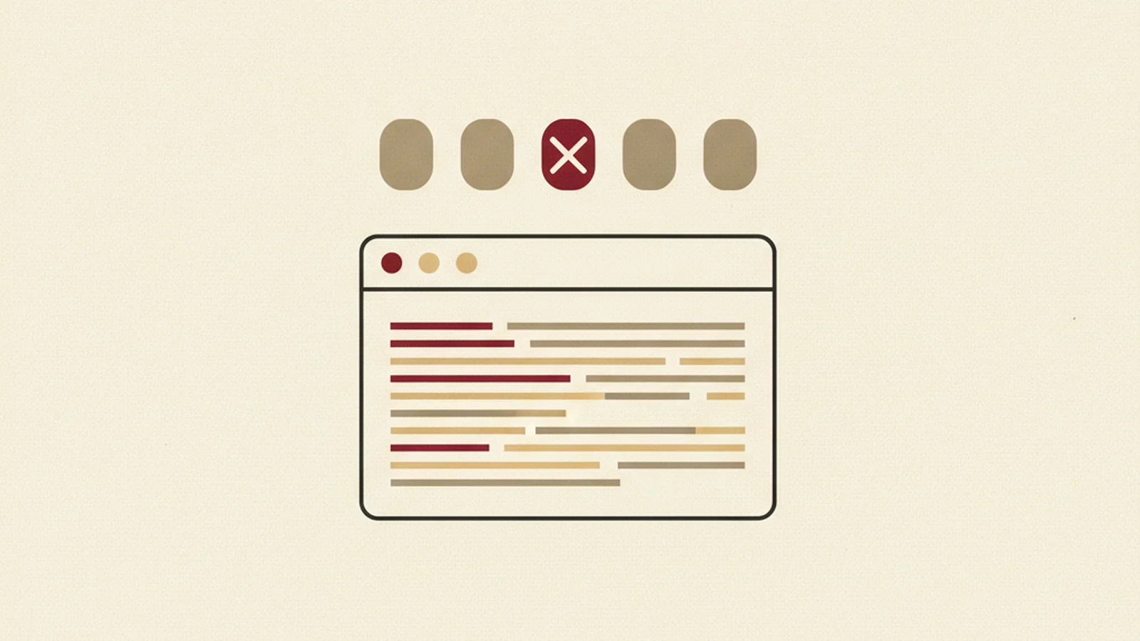 Illustration of a scorecard grid with five rows and five columns, most cells marked with a small red x, in an oxblood and cream editorial style
