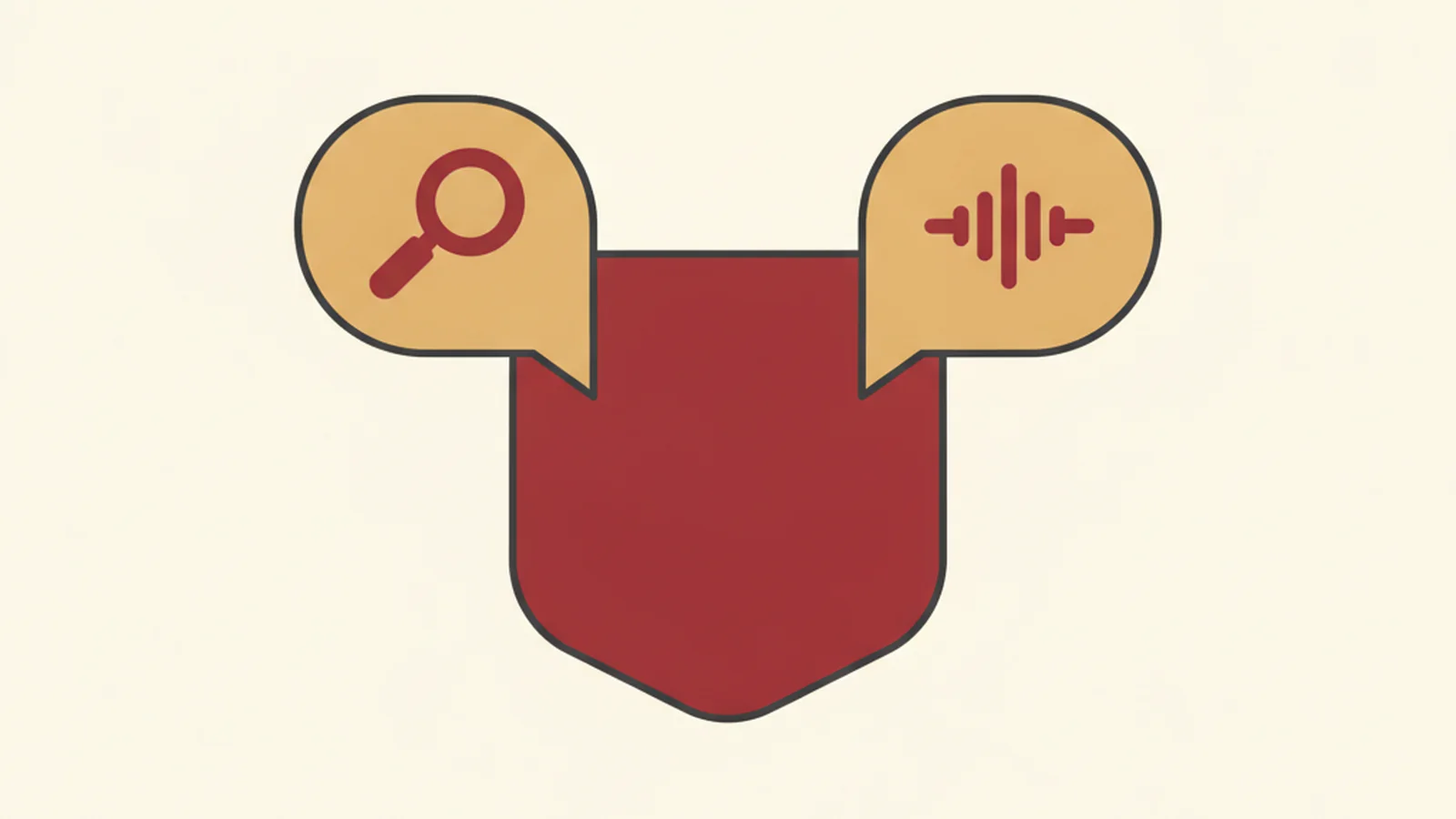 Illustration of an image icon with two speech bubbles coming off it, one labeled with a search magnifying glass and one with a sound wave, in an oxblood and cream editorial style