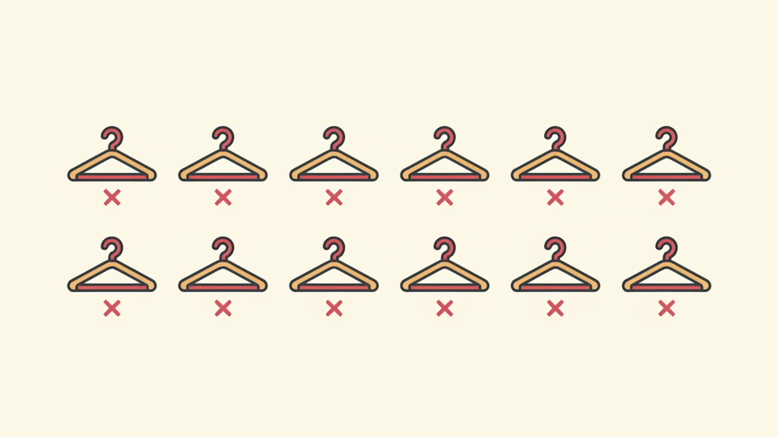 Illustration of ten small clothing-hanger icons in a row, each above a small red x, in an oxblood and cream editorial style