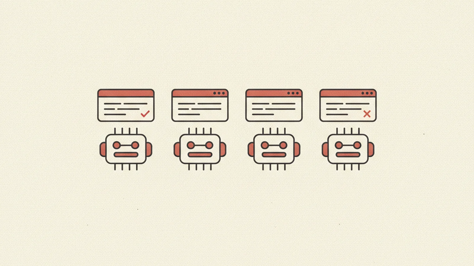 Oxblood and cream editorial illustration of four abstract code windows arranged in a scorecard, two marked with a check and two marked with an x.