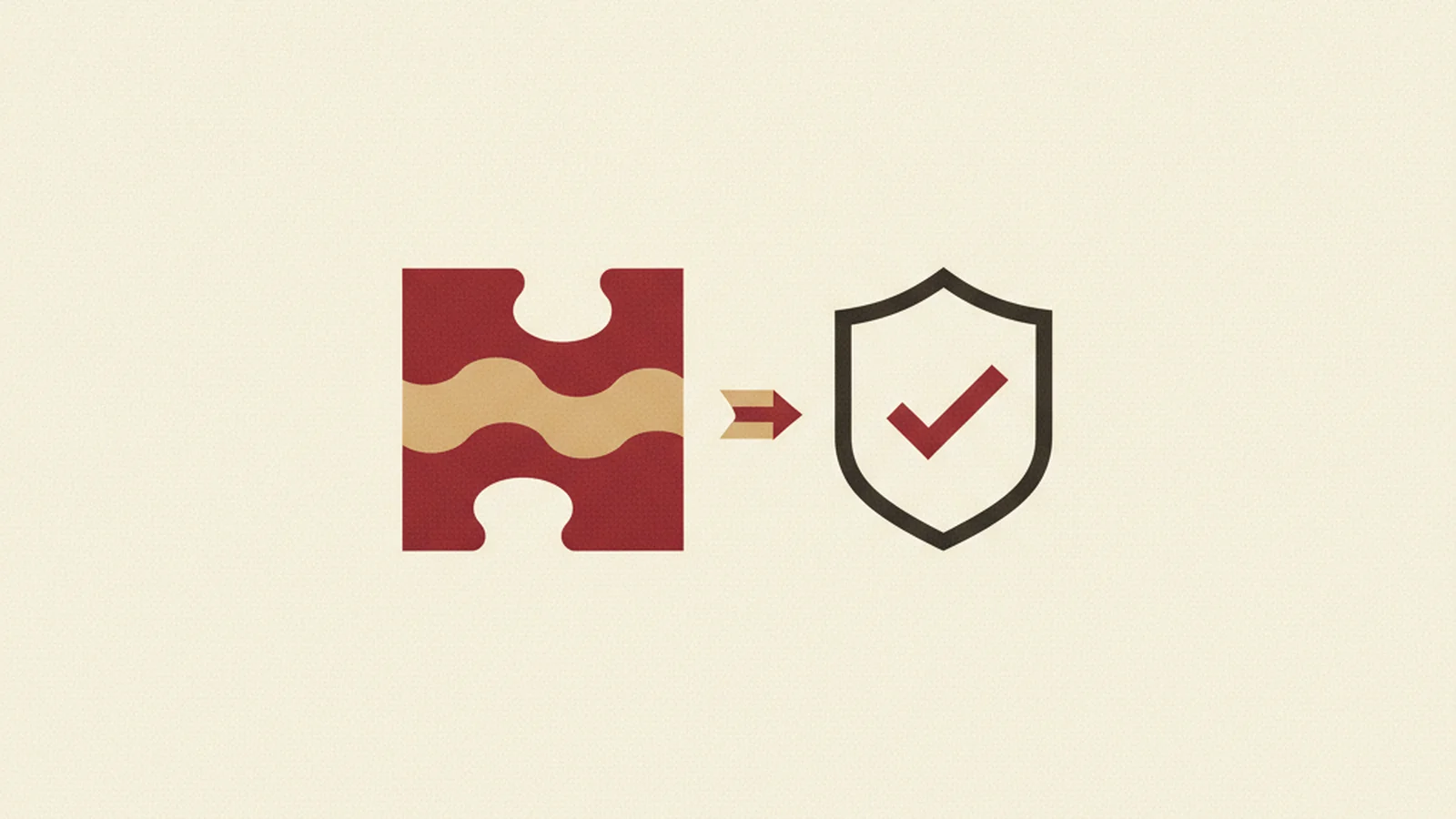 Illustration of a distorted-text puzzle box beside a simple checkmark shield icon, connected by an arrow, in an oxblood and cream editorial style