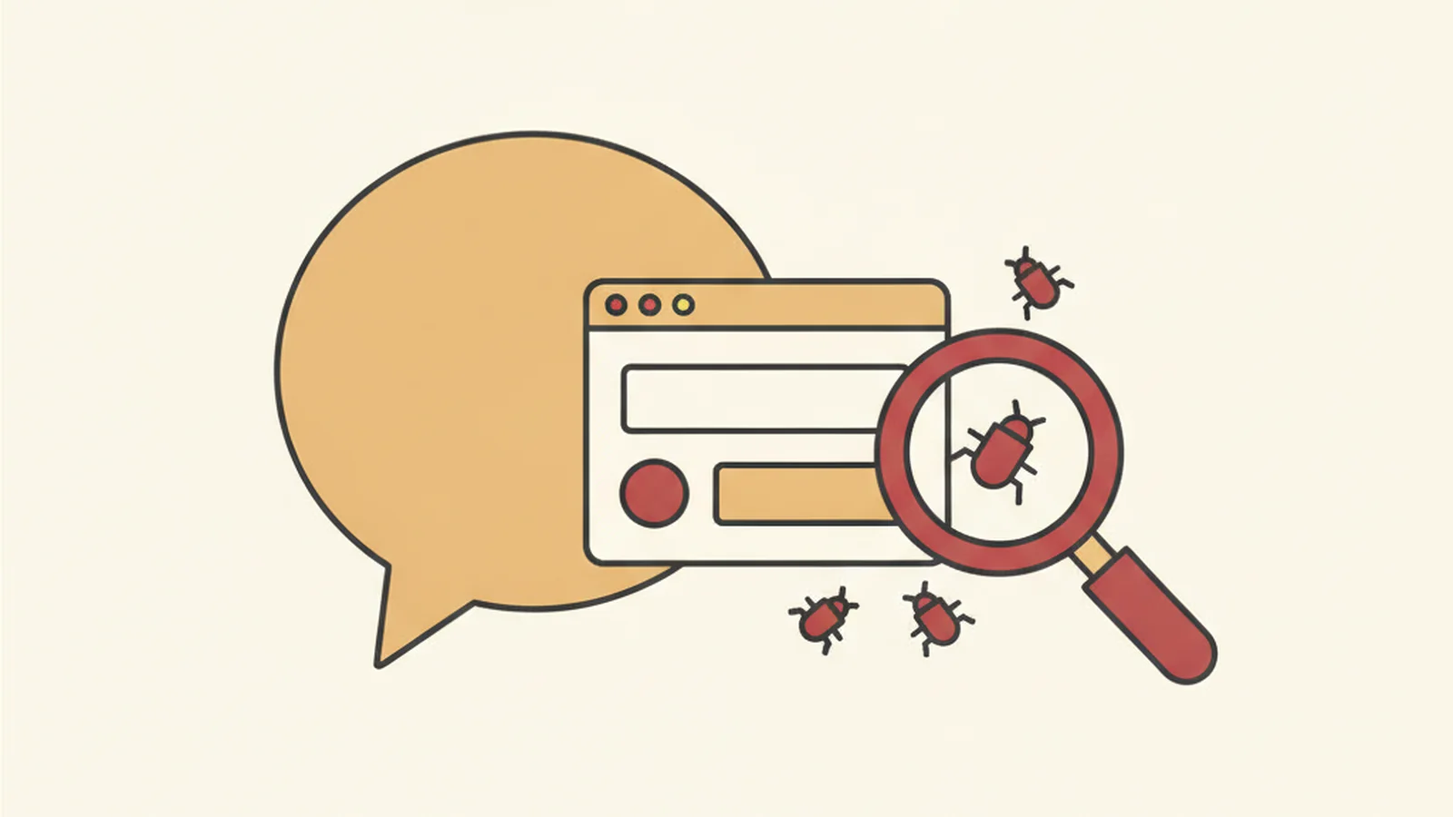 Illustration of a chat interface generating a form on one side and a magnifying glass finding bugs in it on the other, in an oxblood and cream editorial style