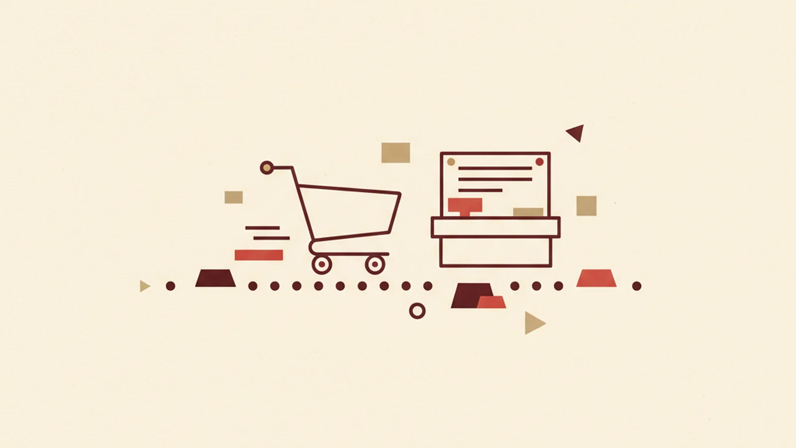 Editorial illustration in oxblood and cream of a shopping cart stalled partway along a checkout progress bar