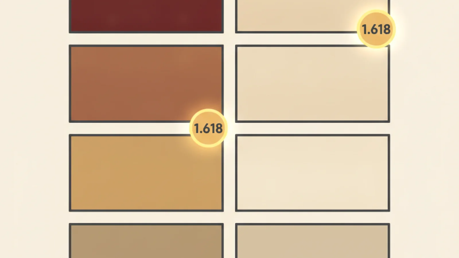 Illustration of a color swatch palette with a small ratio number glowing next to two of the swatches, in an oxblood and cream editorial style