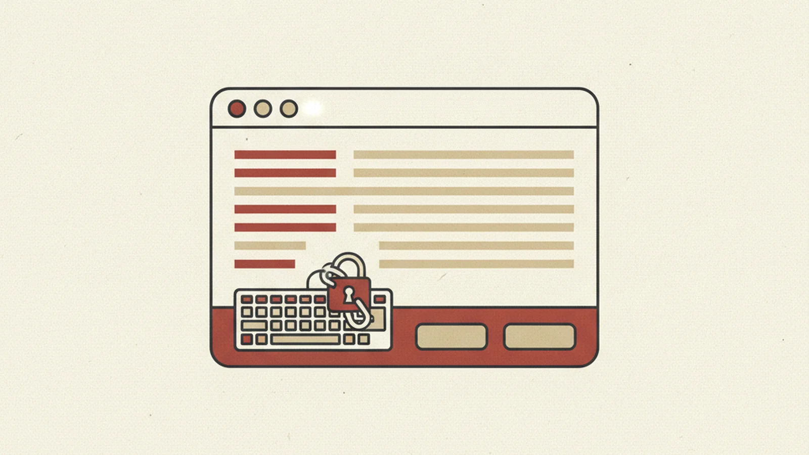 An oxblood and cream editorial illustration of a hand pressing a Tab key while a glowing cookie banner sits trapped at the bottom of a browser window.