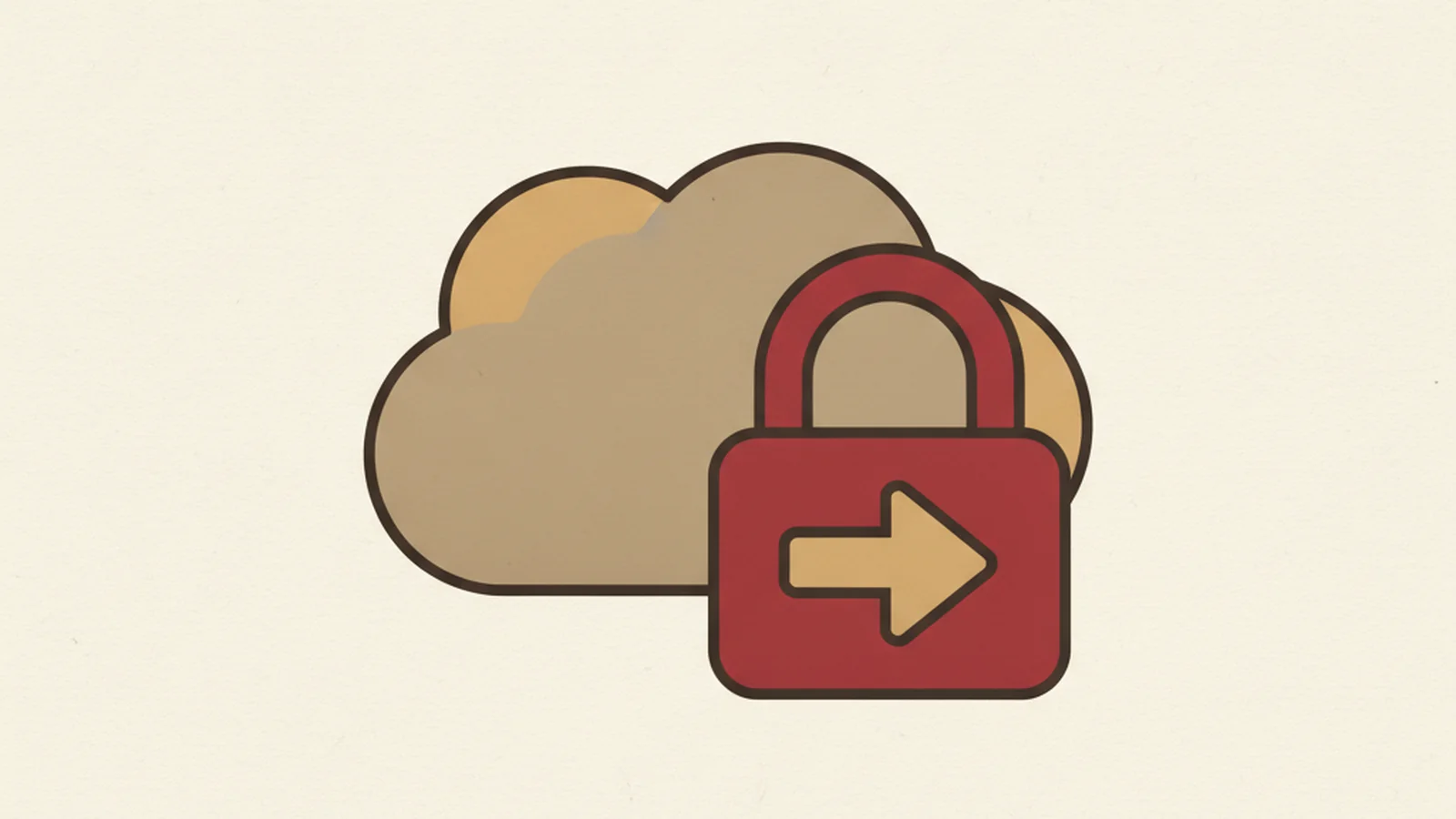 Illustration of a cookie-shaped popup banner with a small padlock icon trapping a keyboard arrow inside it, in an oxblood and cream editorial style