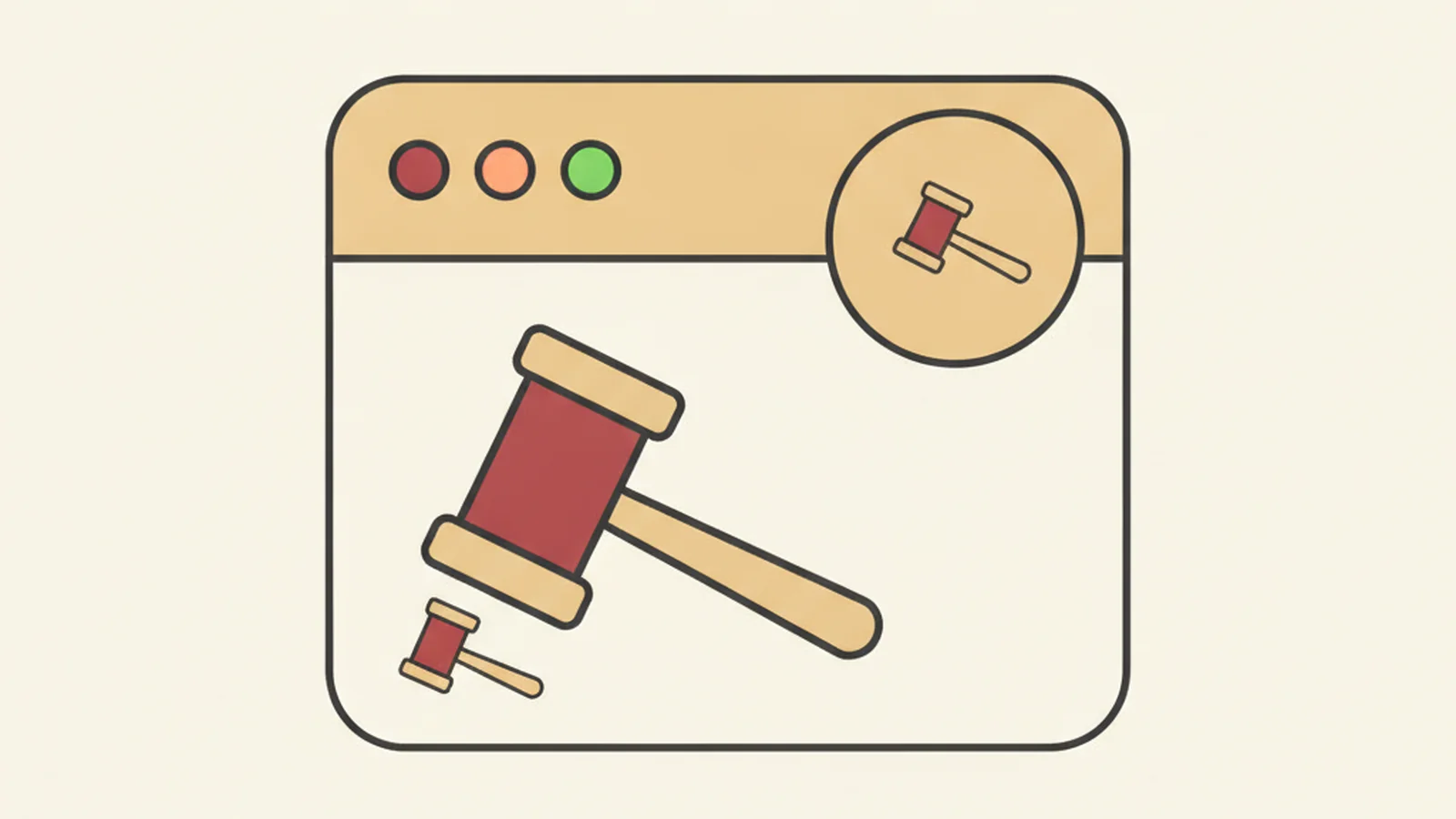 Illustration of a single icon-only button on a browser window with a small gavel icon beside it, in an oxblood and cream editorial style