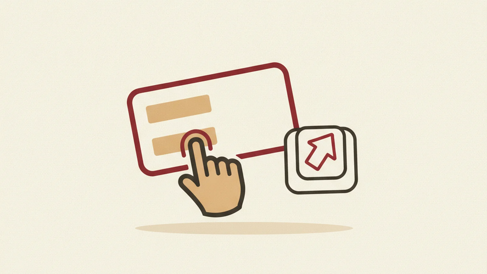 Illustration of a kanban-style card being lifted by a hand cursor, with a keyboard arrow icon offering an alternate path beside it, in an oxblood and cream editorial style