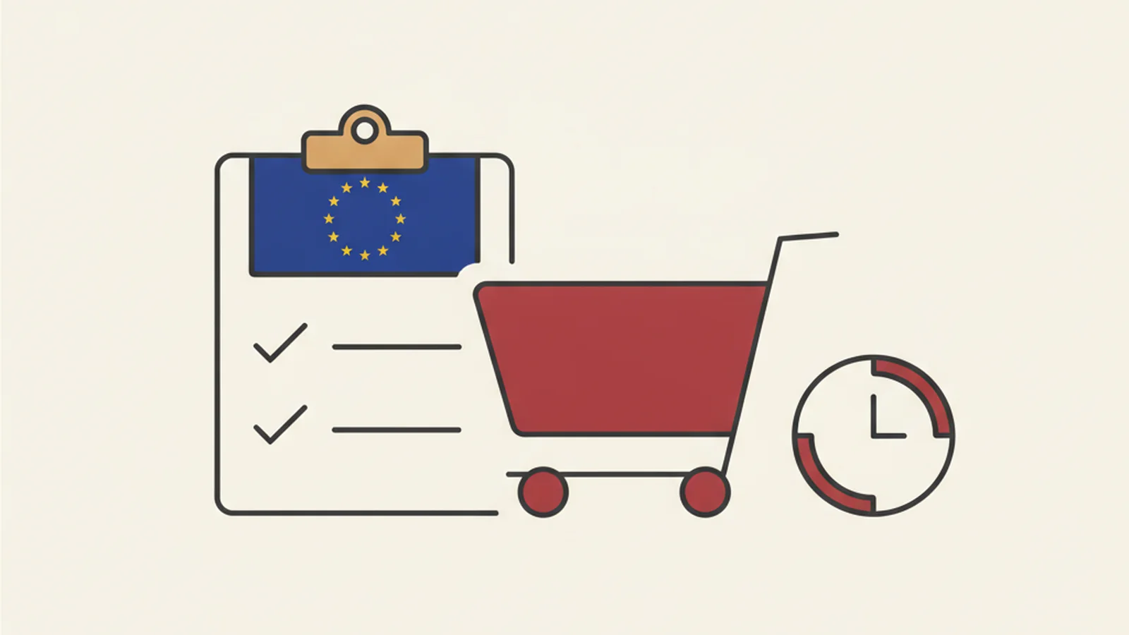 Illustration of an EU flag-colored checklist beside a shopping cart icon, with a clock showing the deadline has already passed, in an oxblood and cream editorial style