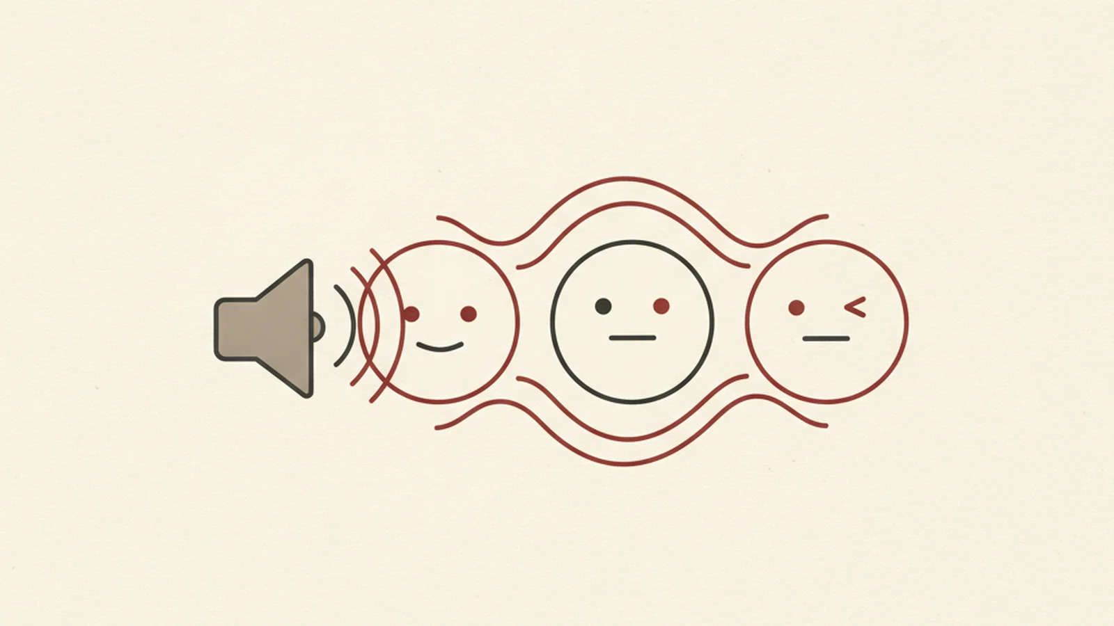 Illustration of a row of simple emoji-face circles with sound waves emanating from a speaker icon beside them, in an oxblood and cream editorial style