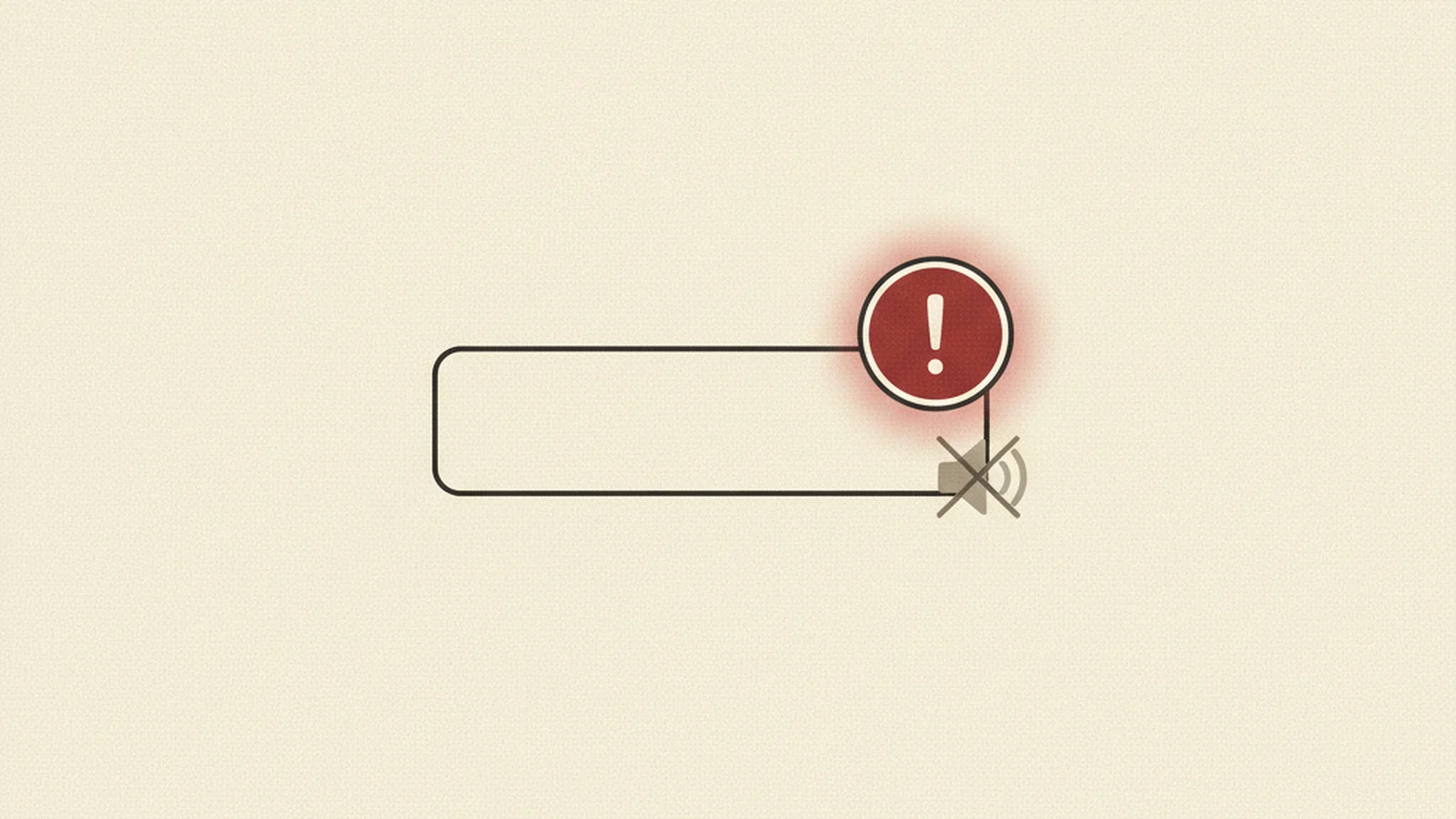 Illustration of a form input box with a red alert badge and a faded, crossed-out sound icon beside it, in an oxblood and cream editorial style