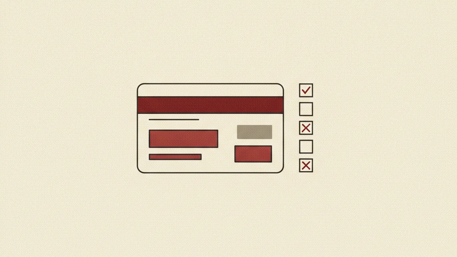 Oxblood and cream editorial illustration of six small warning icons lined up beside a bank ledger, each marked with a severity dot.
