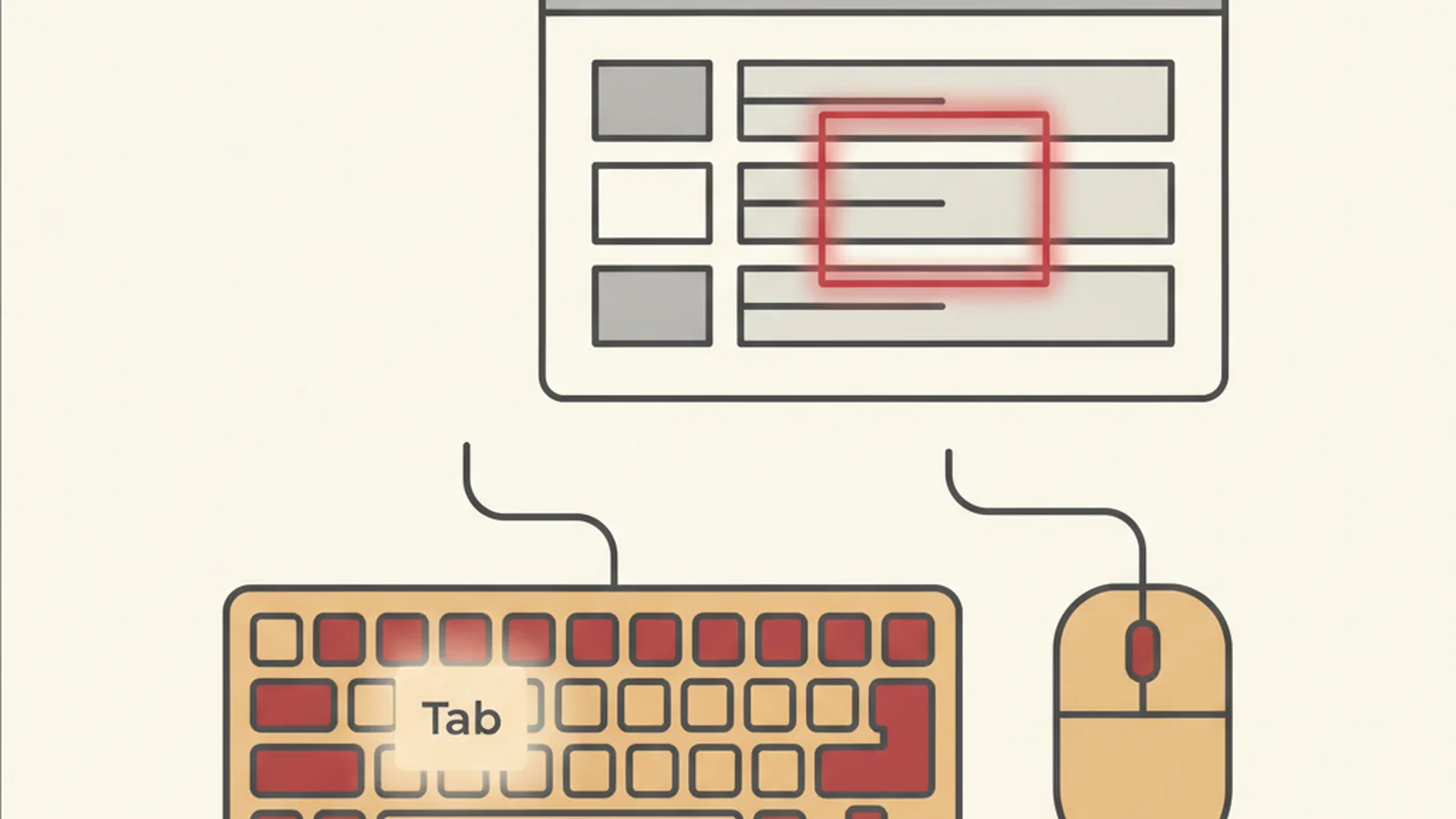 Illustration of an unplugged mouse beside a keyboard with glowing Tab key and a highlighted focus outline moving across a browser window, in an oxblood and cream editorial style