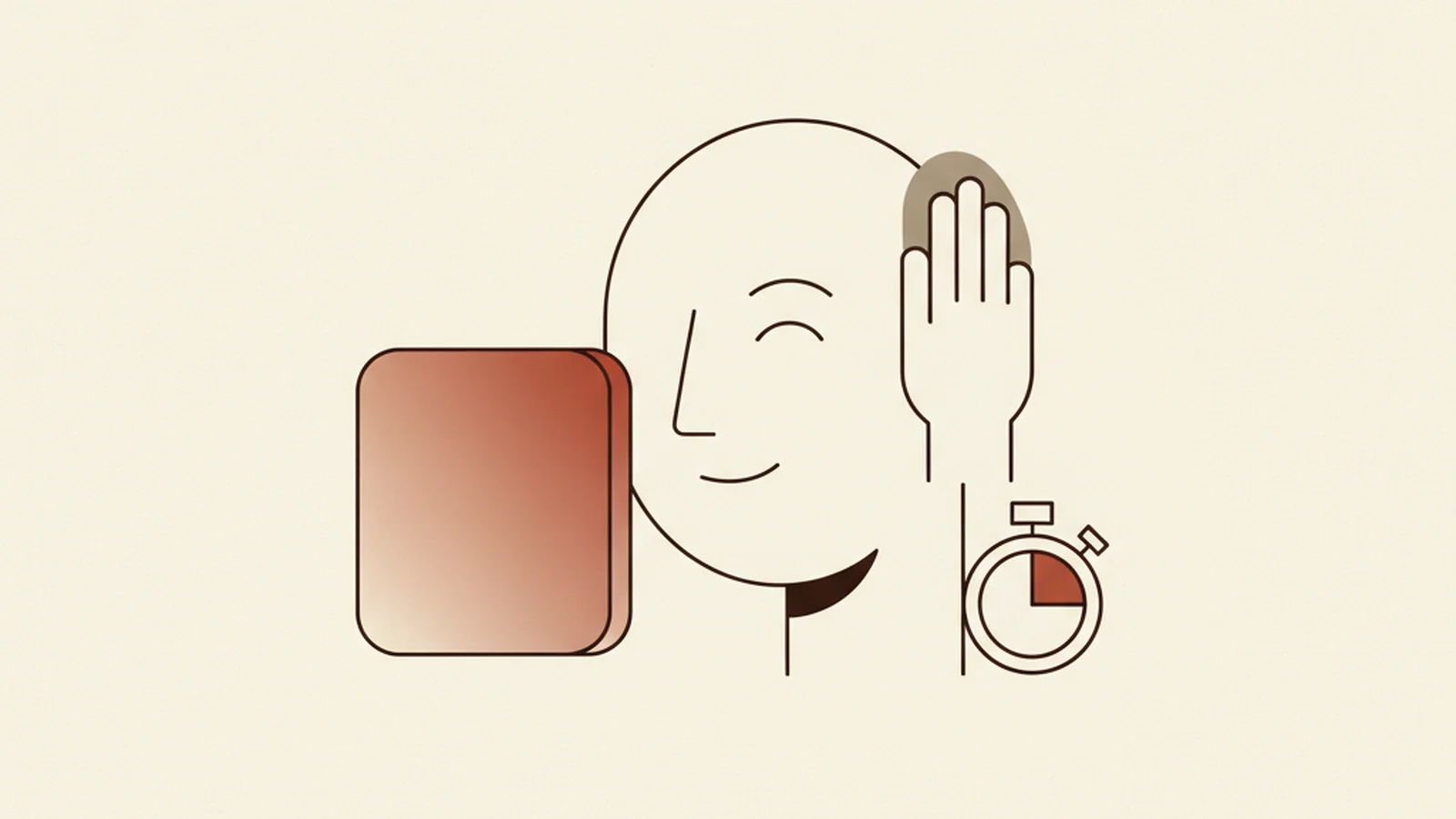 Illustration of a face squinting at a screen while a hand covers one ear, with a stopwatch nearby, in an oxblood and cream editorial style