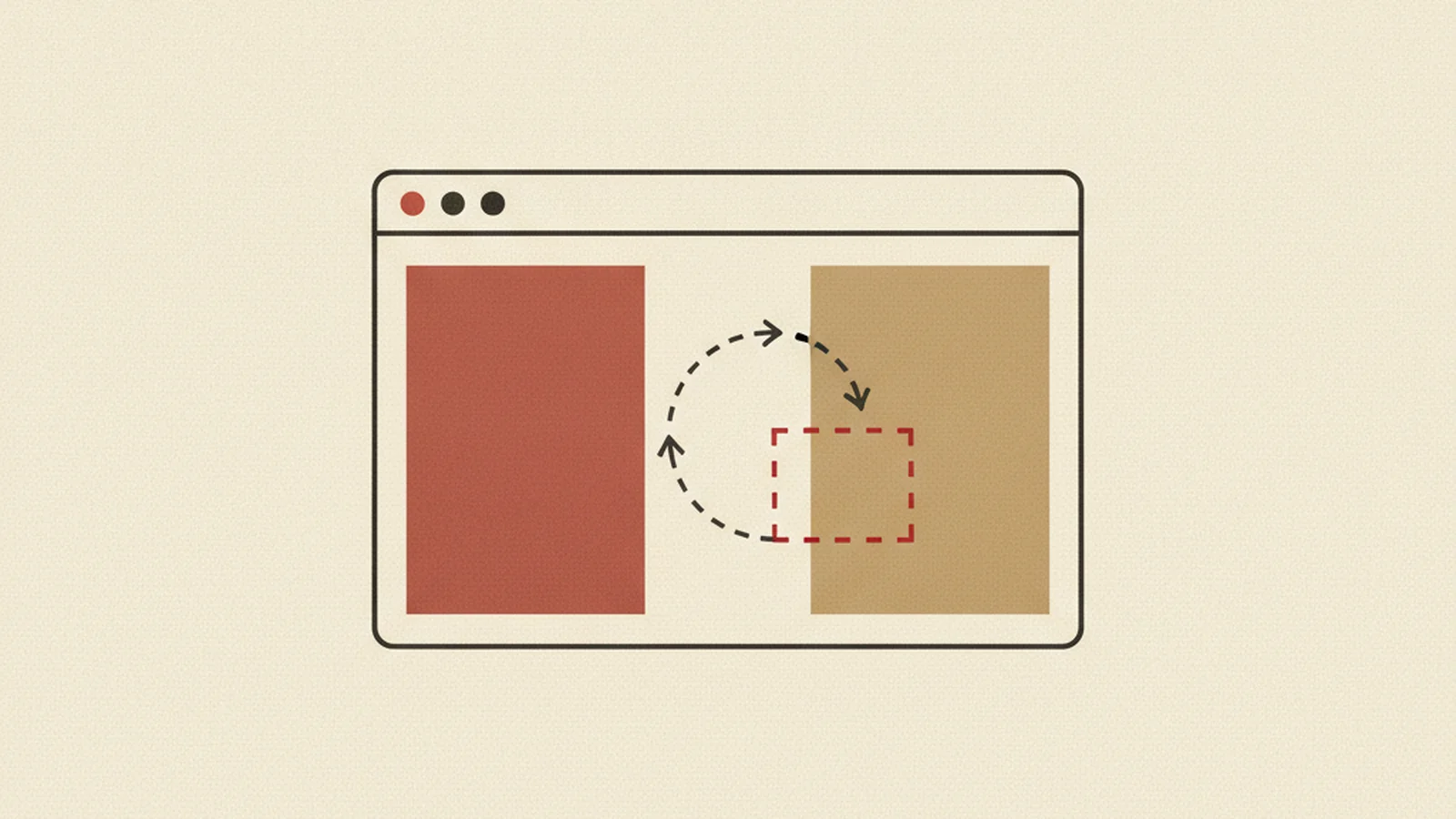 An oxblood and cream editorial illustration of a cursor and a focus ring drifting apart from a highlighted page heading.