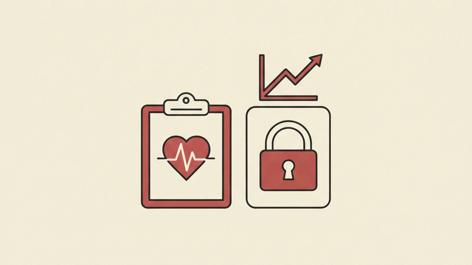 Oxblood and cream editorial illustration of a hospital patient portal login screen beside a rising legal complaint trend line.