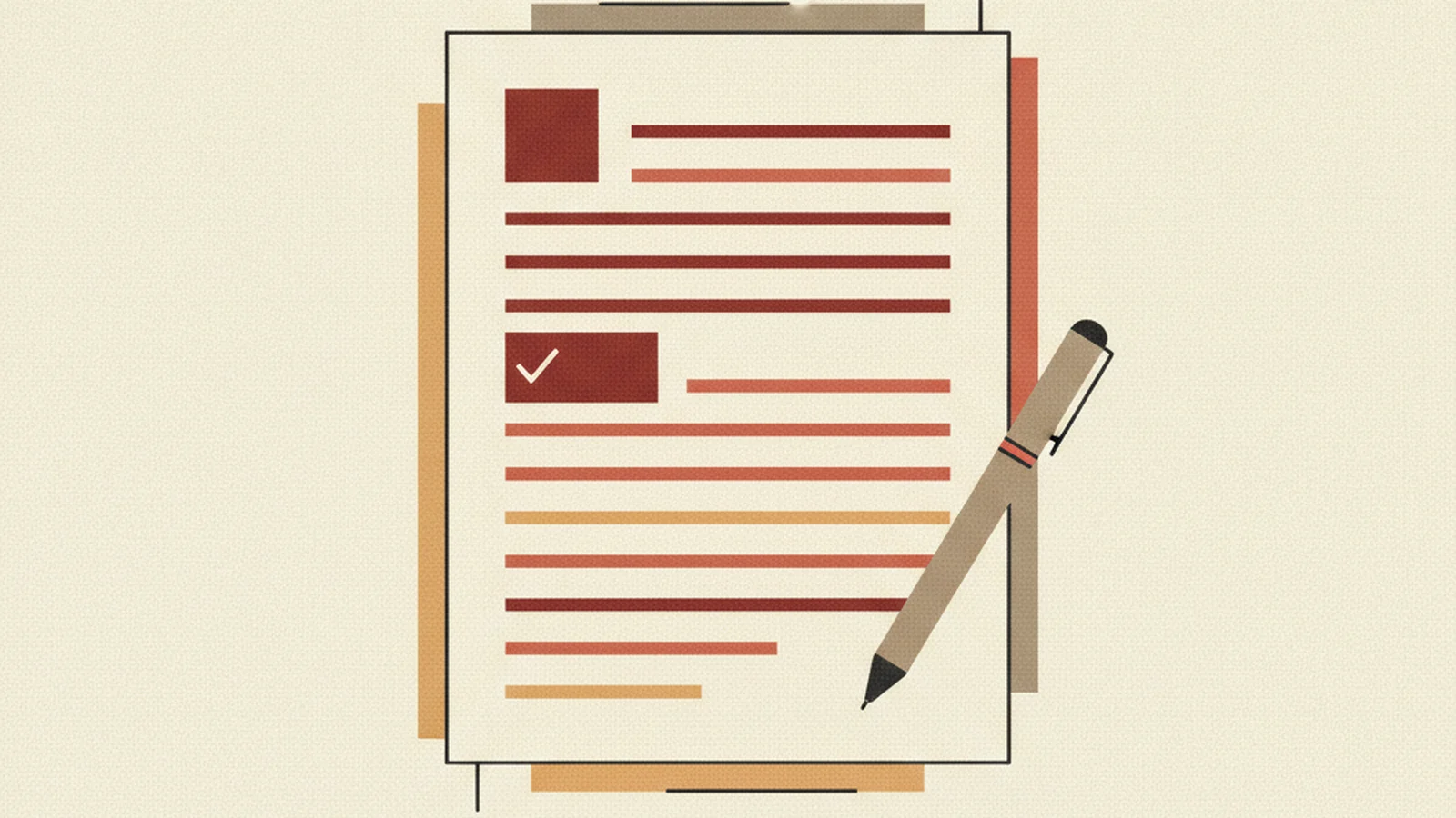Illustration of a resume document with one bullet point glowing and highlighted among several plain gray lines, in an oxblood and cream editorial style