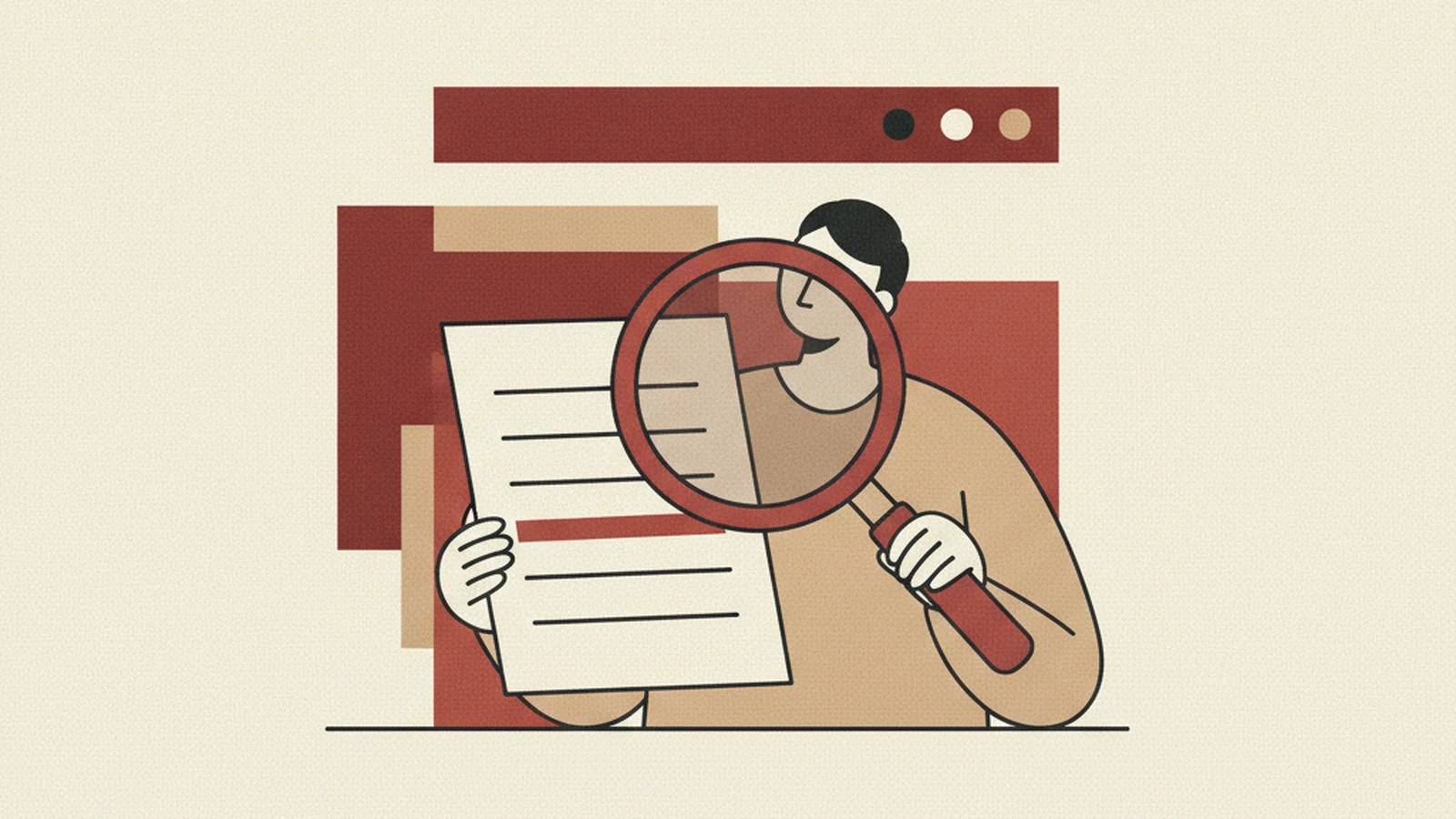 An oxblood and cream editorial illustration of a document with highlighted columns, evoking a person reading a formal accessibility report.
