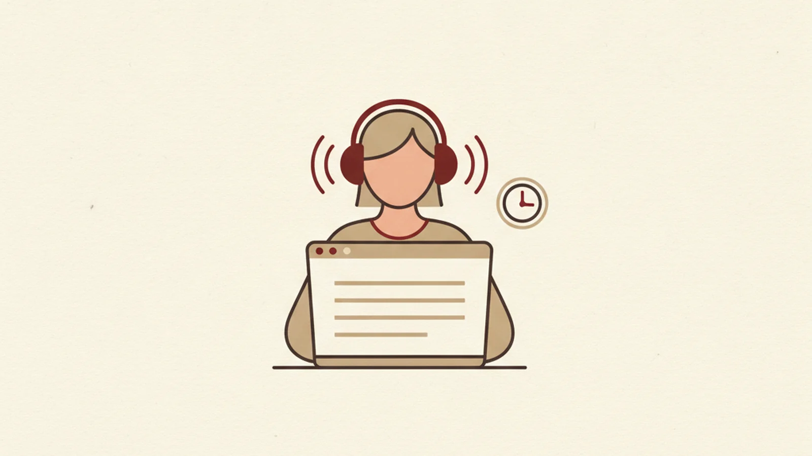 Oxblood and cream editorial illustration of a hand turning on a screen reader toggle beside a glowing website outline