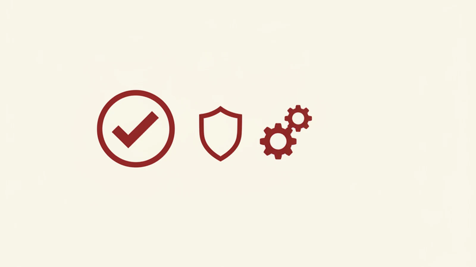 Illustration of a checkmark badge, a shield icon, and a gear icon, in an oxblood and cream editorial style
