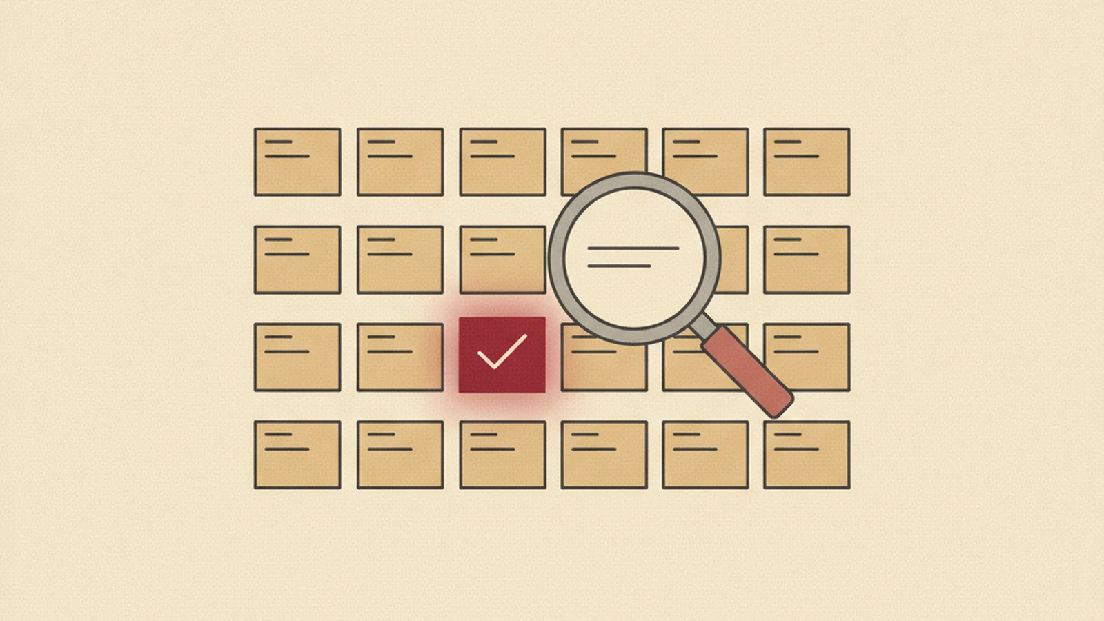 Illustration of a stack of portfolio pages with a magnifying glass highlighting one page that has a checklist icon, in an oxblood and cream editorial style