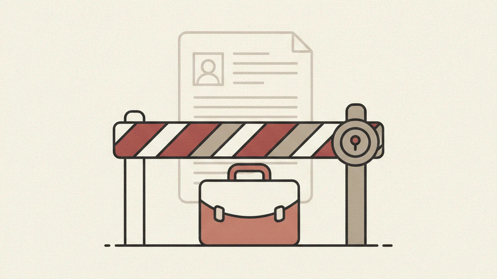 Illustration of a briefcase in front of a locked barrier gate blocking a faint job-application form behind it, in an oxblood and cream editorial style
