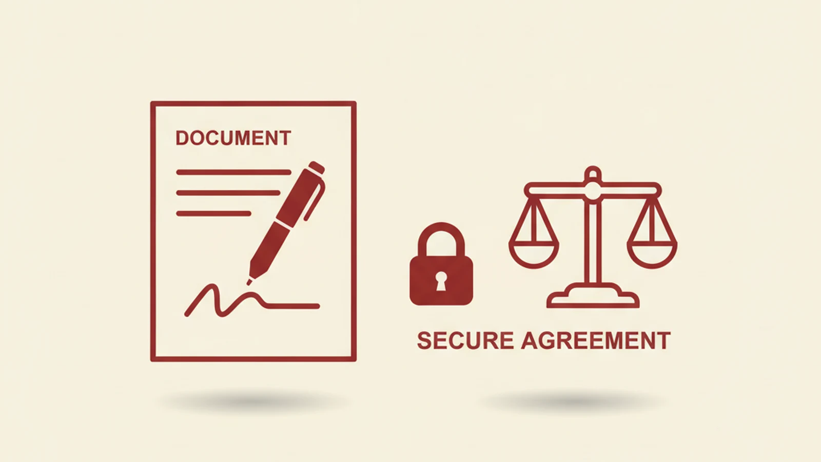 Illustration of a signed document beside a padlock icon and a scales-of-justice icon, in an oxblood and cream editorial style