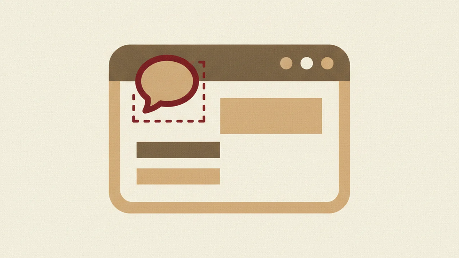 Illustration of a chat-bubble icon in the corner of a browser window partially covering a highlighted focus outline underneath it, in an oxblood and cream editorial style